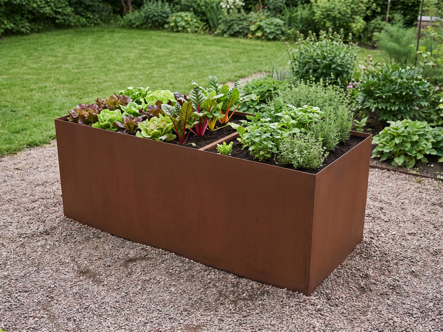 Hochbeet aus Cortenstahl im Garten
