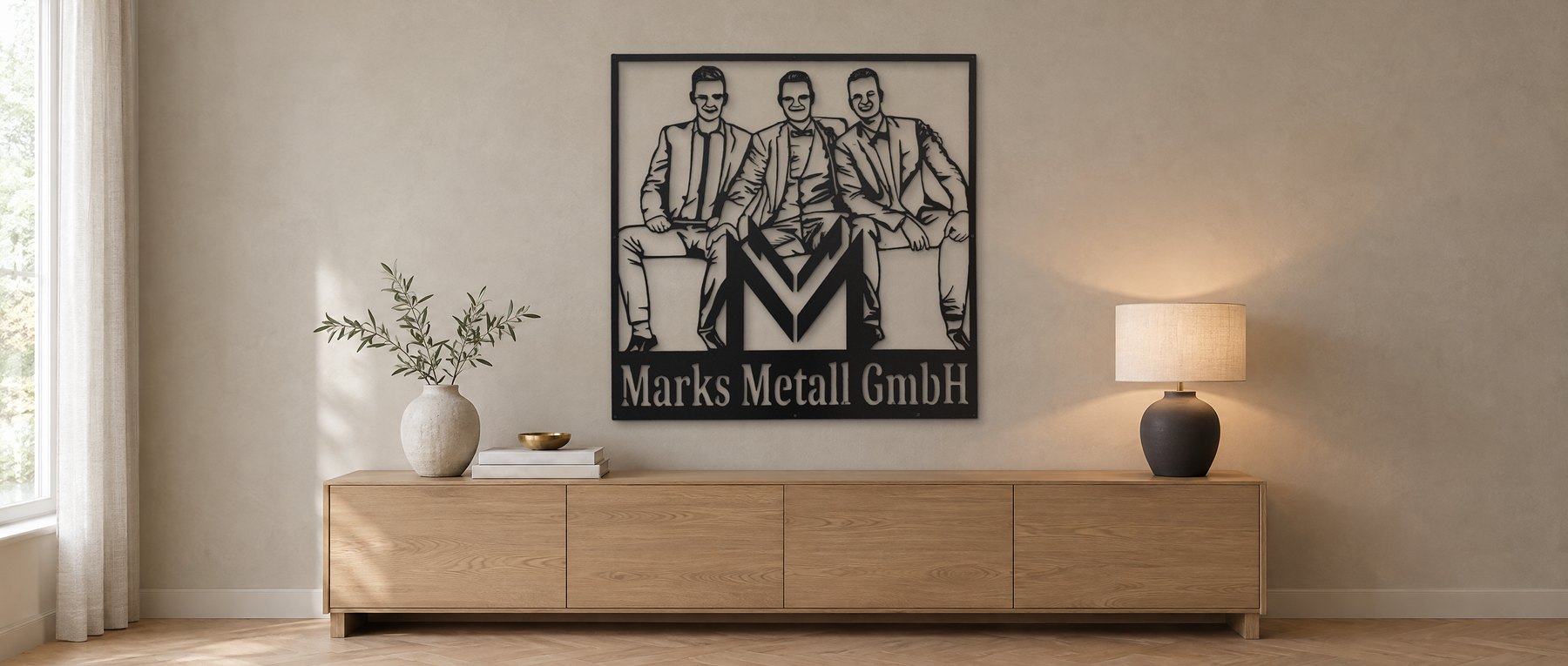 Metallporträt der drei Marks-Brüder mit Logo und Schriftzug „Marks Metall GmbH“, schwarz beschichteter Stahl an der Wand über einem Sideboard (Raum simuliert)